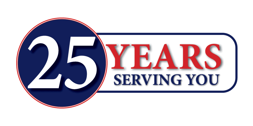 A graphic with the number 25 in bold white text on a blue circle, and the words YEARS SERVING YOU in red and blue on a white background, celebrating 25 years of No-Dig Sewer Repairs by trusted plumbers in Warren, MI.