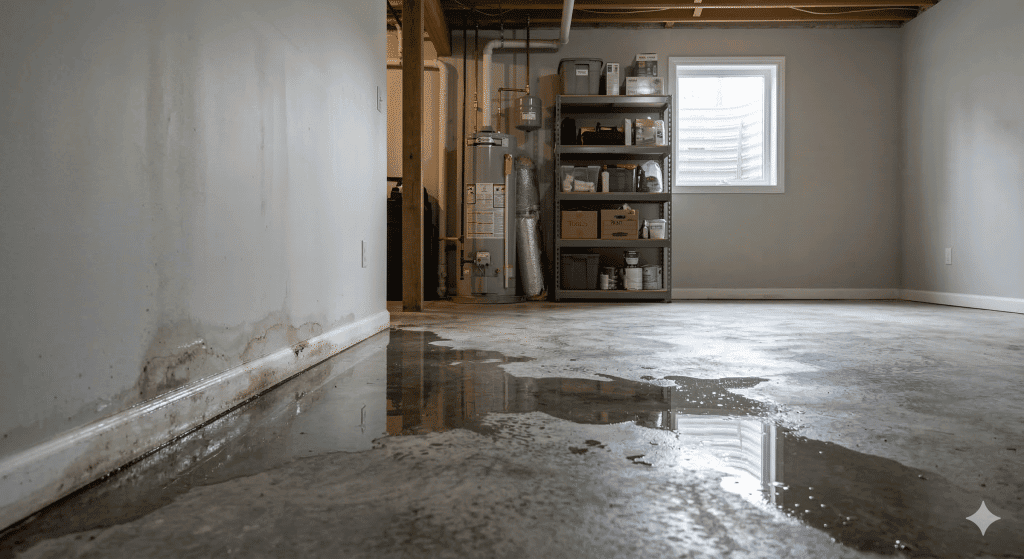 A basement with water on the concrete floor near a stained wall, showing signs of flooding. Shelves with storage boxes and a water heater are in the background, and a window lets in natural light.