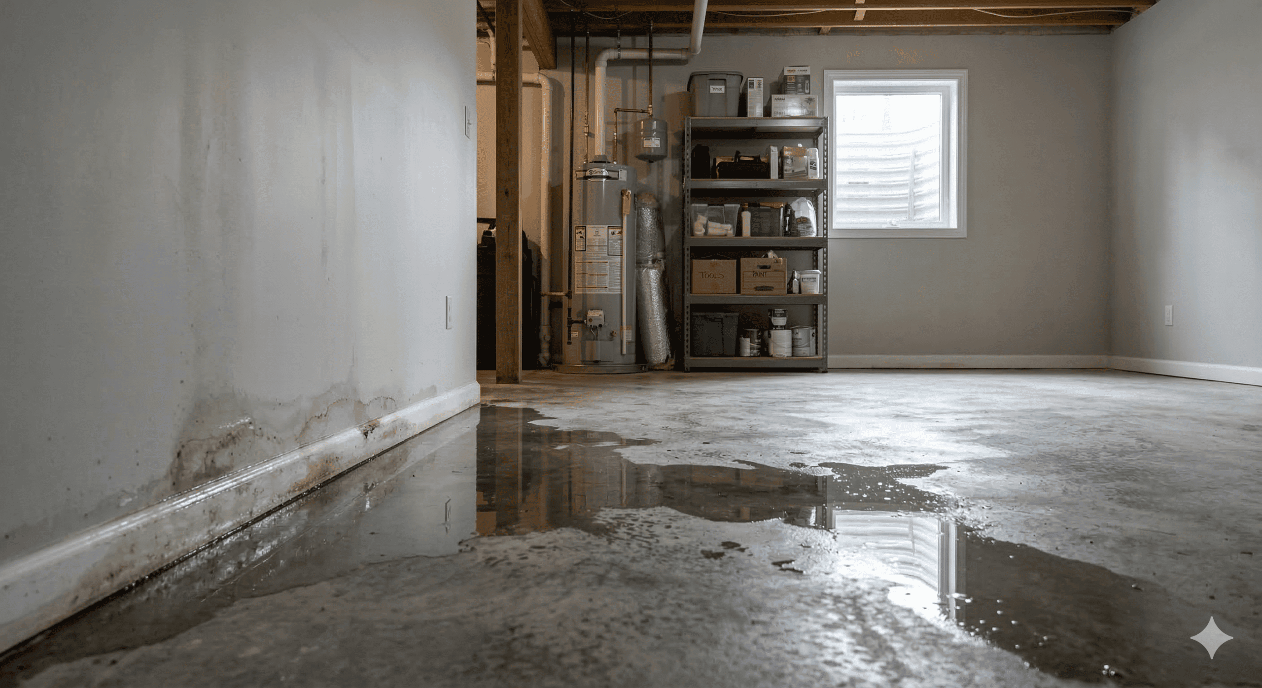 Water damage in a residential basement — standing water on the floor near foundation walls in Warren, MI