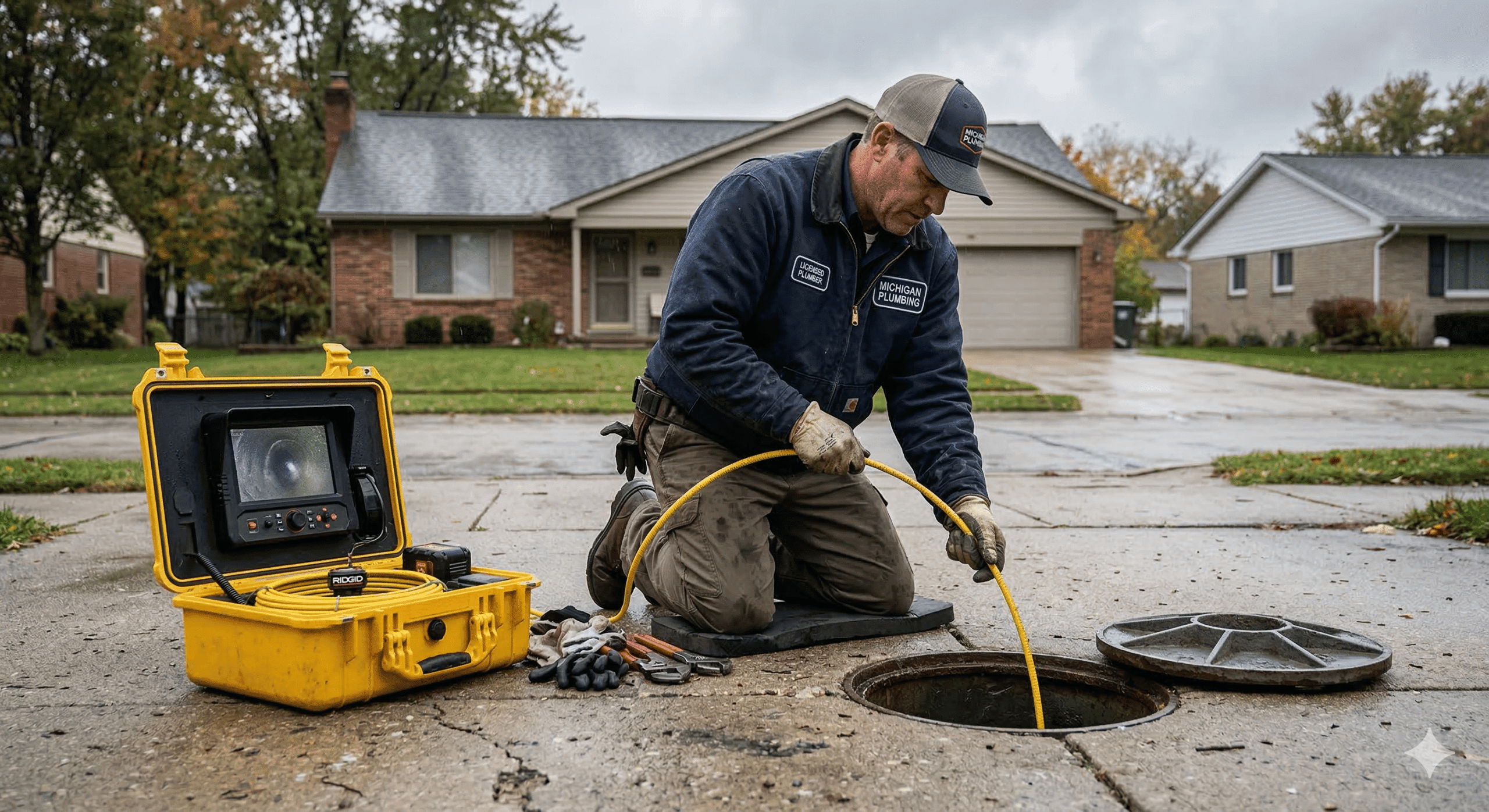 Trenchless pipe bursting equipment set up on a residential property in Michigan — no full trench required