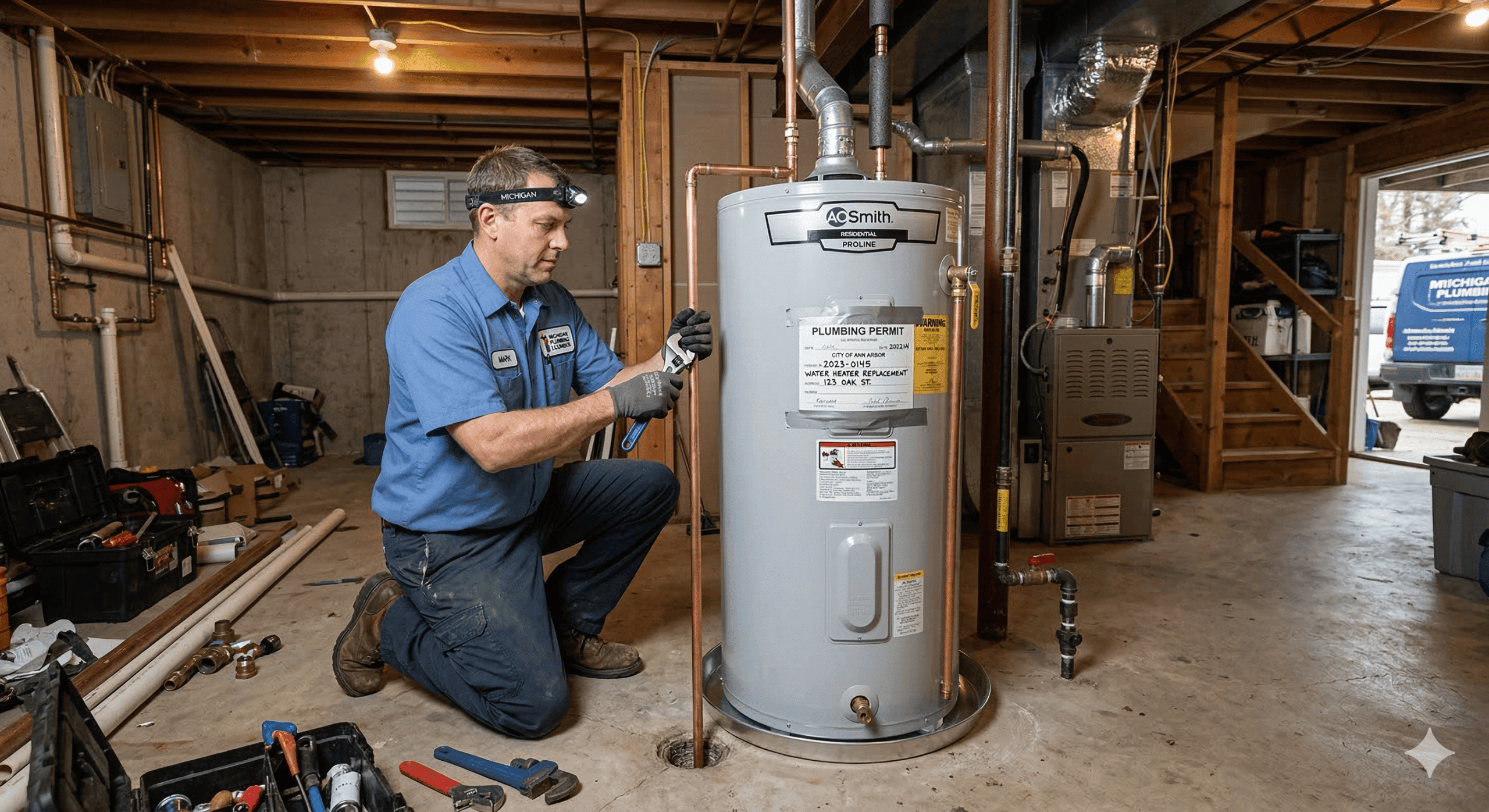 Licensed Bison Plumbing technician completing a water heater installation in a Macomb County home with all required permits in place
