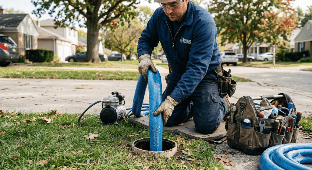 A worker wearing gloves and safety glasses kneels on grass near a sidewalk, inserting a blue hose into an outdoor sewer or drain. Nearby are a toolbox with tools and various equipment. Houses and trees are visible in the background.