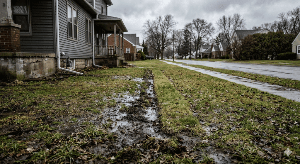 A muddy tire track runs across a patchy, wet front lawn beside a gray house on a cloudy, rainy day in a suburban neighborhood. Puddles and bare trees line the quiet street.