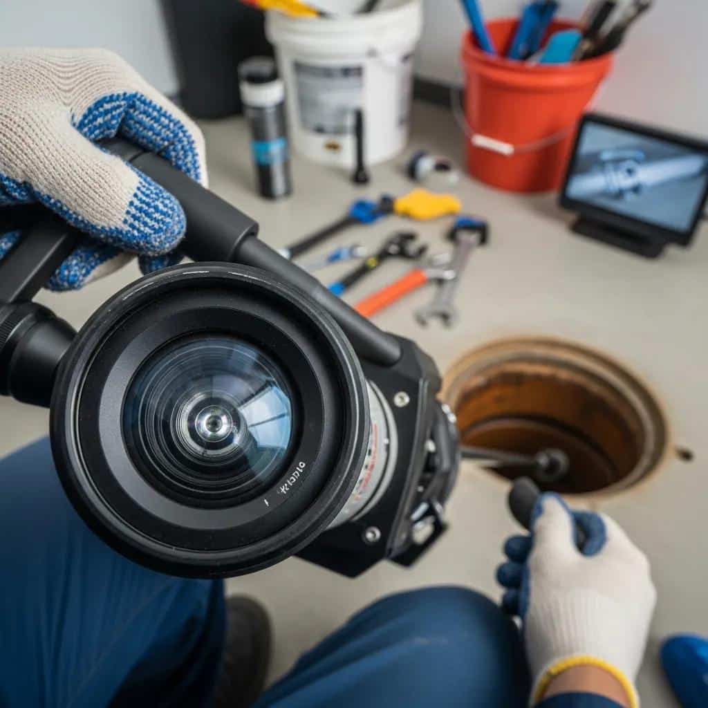 A person wearing gloves holds a sewer inspection camera near an open drain. Tools, a red bucket, and a tablet are on the floor in the background, indicating plumbing work.