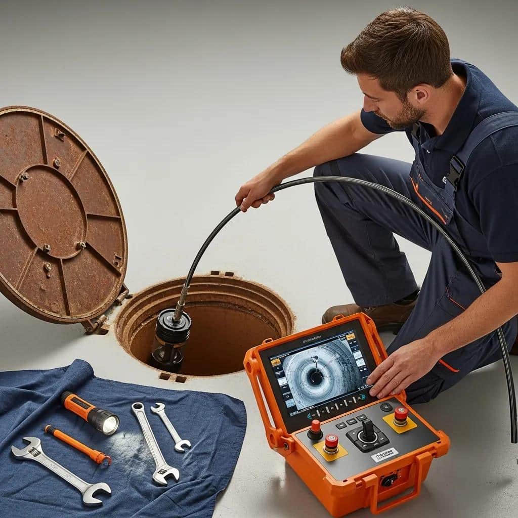 A worker uses a sewer inspection camera to examine the inside of a manhole. He operates a control unit with a monitor showing a pipes interior. Nearby are wrenches, a flashlight, and a cloth on the floor.