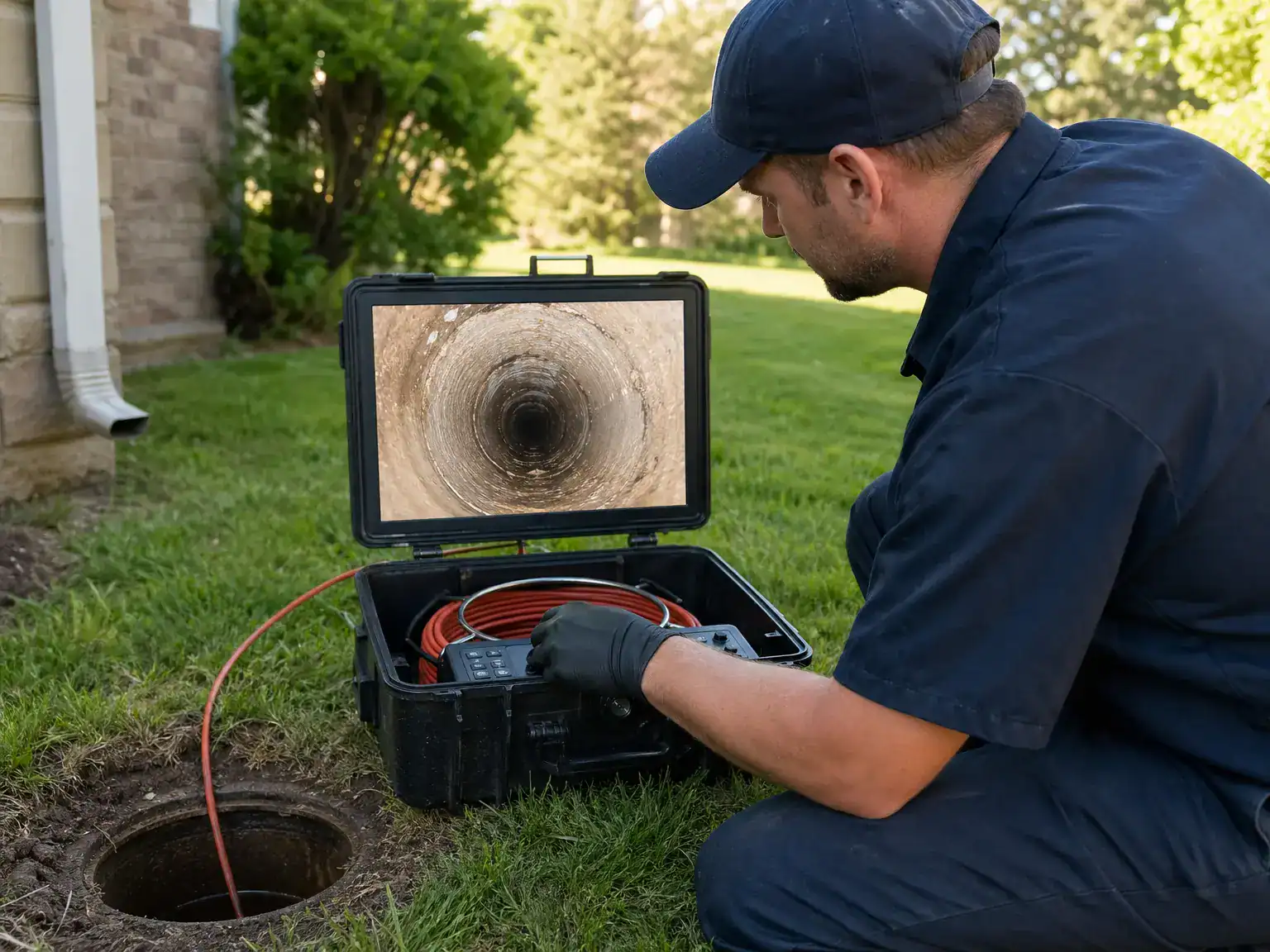 A worker in uniform uses a sewer inspection camera to examine the inside of an underground pipe, viewing the pipe’s interior on a monitor while kneeling on grass next to an open access hole.