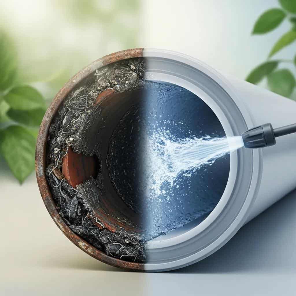 A pipe shown in cross-section; the left side is clogged and corroded, while the right side is clean and smooth with water being sprayed inside. Green leaves are blurred in the background.