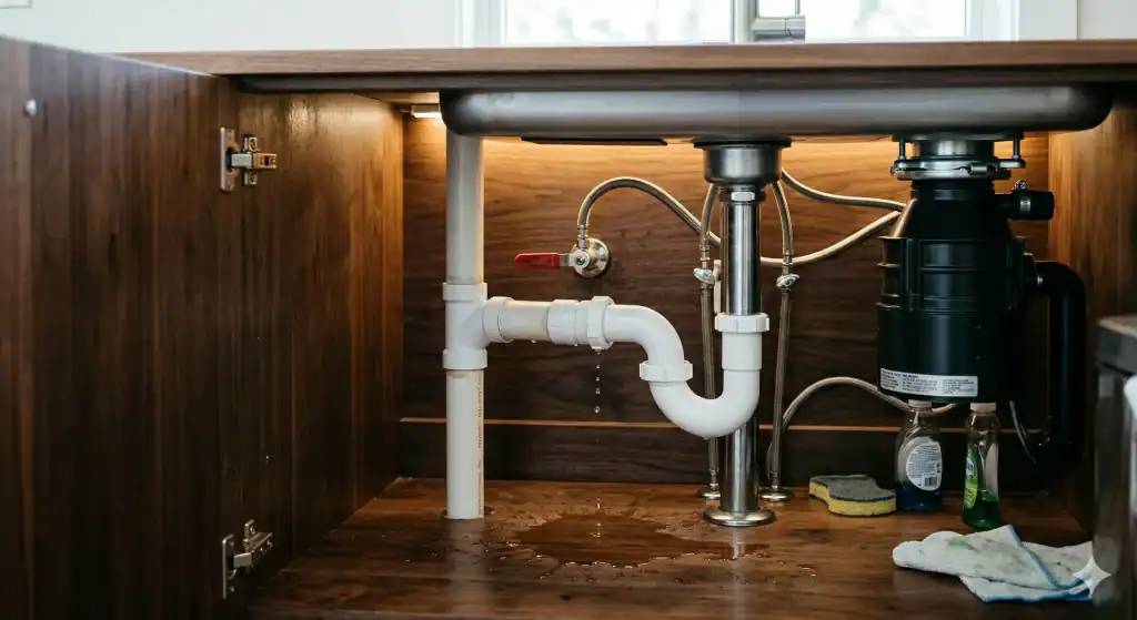 Under-sink plumbing with a visible leak; water is dripping from a pipe joint onto the wooden cabinet floor, surrounded by cleaning supplies and pipes connected to a garbage disposal unit.
