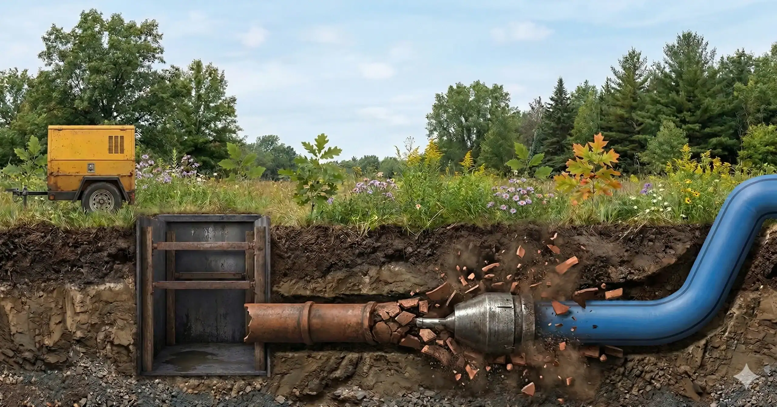 A trenchless pipe bursting machine replaces an old brown pipe with a new blue pipe underground, breaking the old pipe apart as it moves through soil and beneath grass and wildflowers.