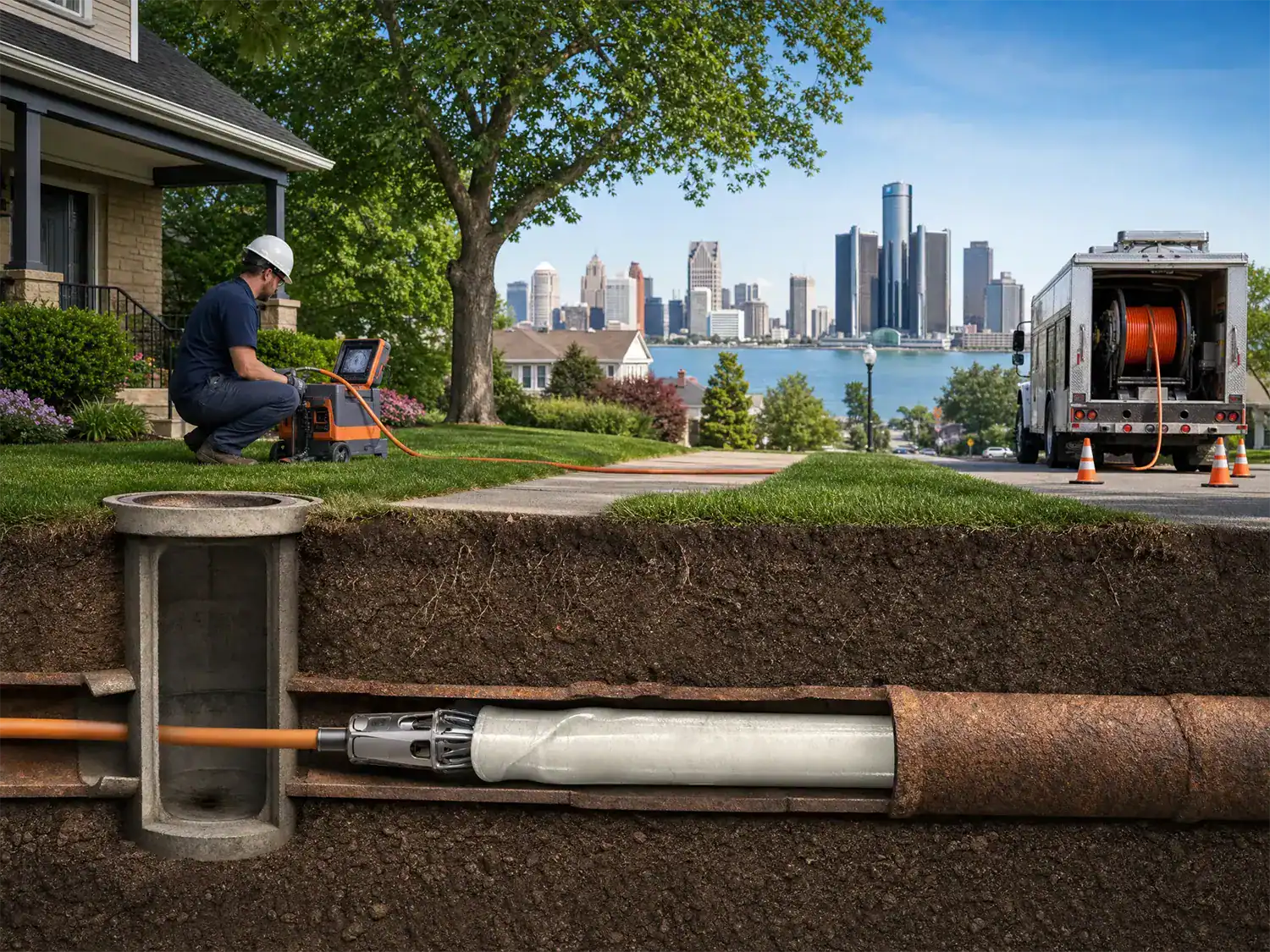 A worker operates equipment beside a sidewalk as a cross-section shows trenchless pipe repair underground, with a city skyline and service truck visible in the background.