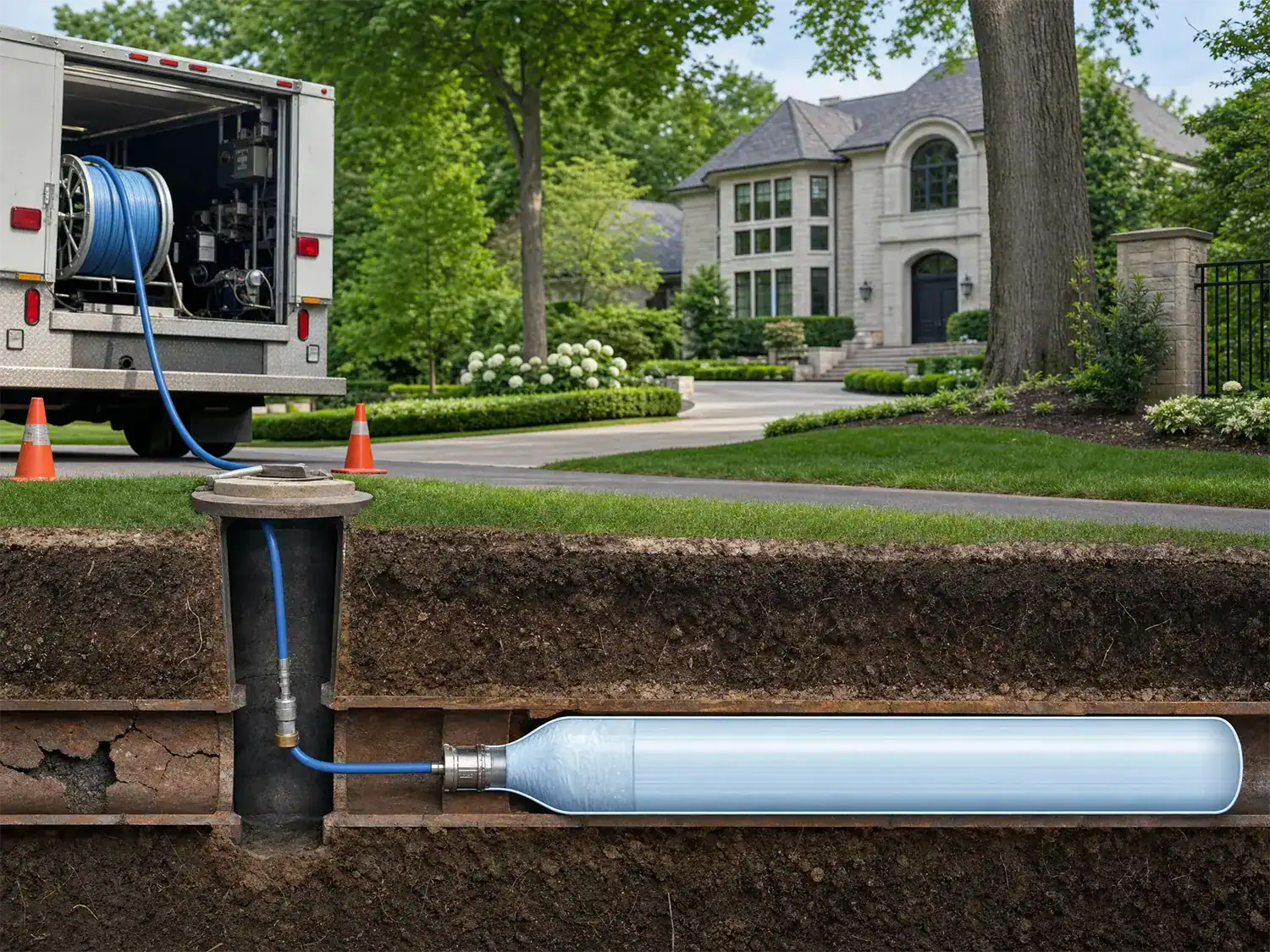 A cross-section illustration shows a trenchless pipe repair process in a residential area, with equipment from a truck feeding a blue liner into an underground pipe, avoiding the need for excavation. A house and garden are visible in the background.