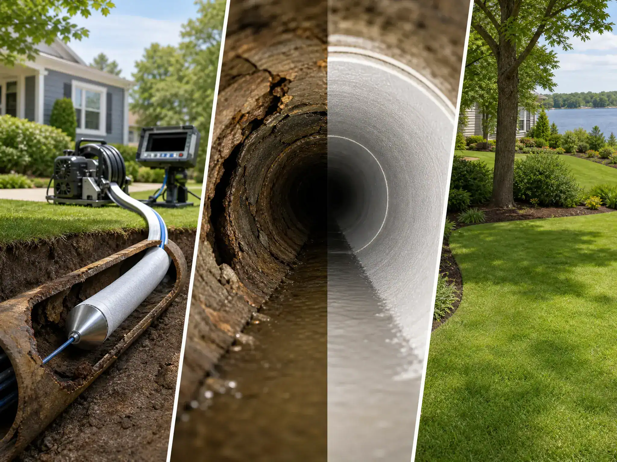 A split image showing a sewer pipe trench with repair equipment, a before-and-after of a corroded pipe interior becoming clean, and a landscaped yard with green grass and trees near a lake.