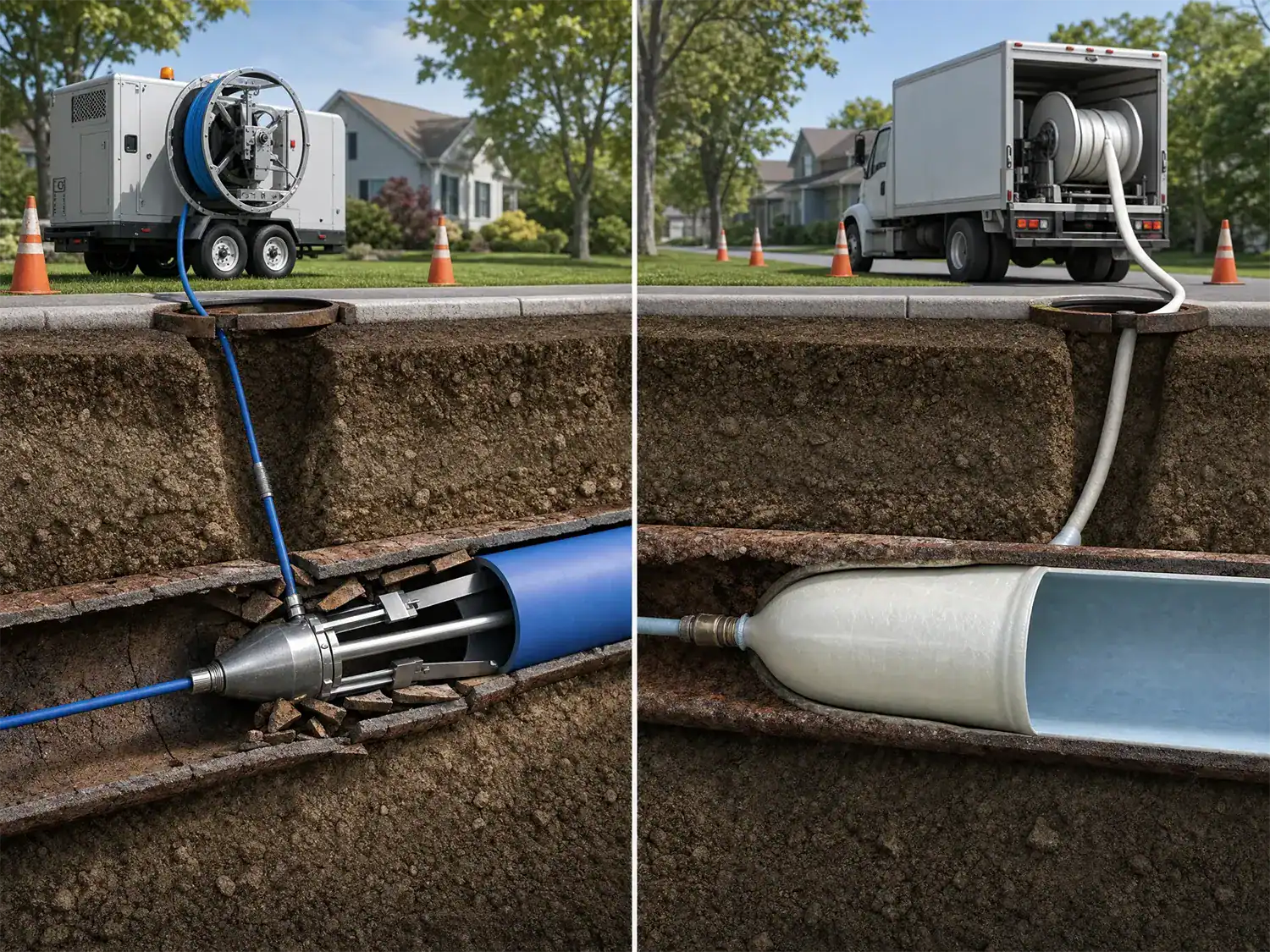 A side-by-side illustration shows underground pipe repair: on the left, a machine inserts a blue pipe; on the right, a truck feeds a white liner into a damaged pipe beneath a residential street.
