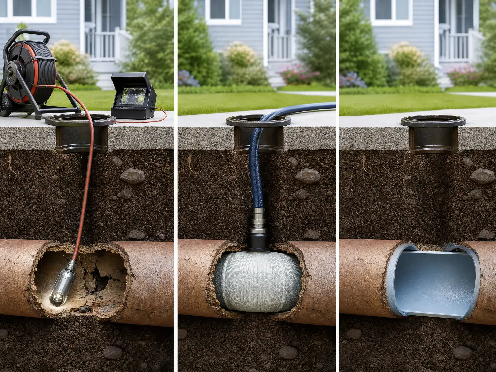 A three-panel image shows sewer pipe repair: The first panel has a camera inspecting a pipe, the second shows a liner being inserted, and the third displays the pipe with a new smooth interior lining. A house and lawn are visible above ground.
