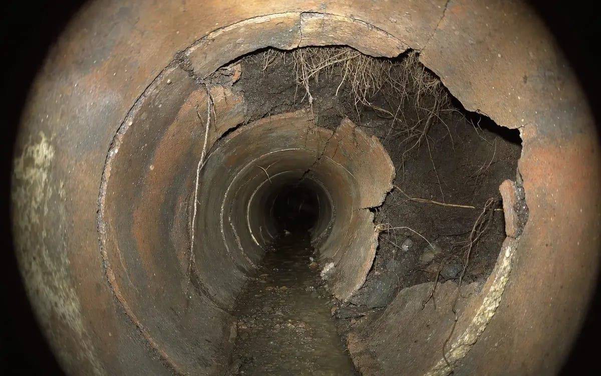 Picote HD camera still of an end-of-life clay tile sewer lateral found during a Birmingham, MI pre-purchase inspection