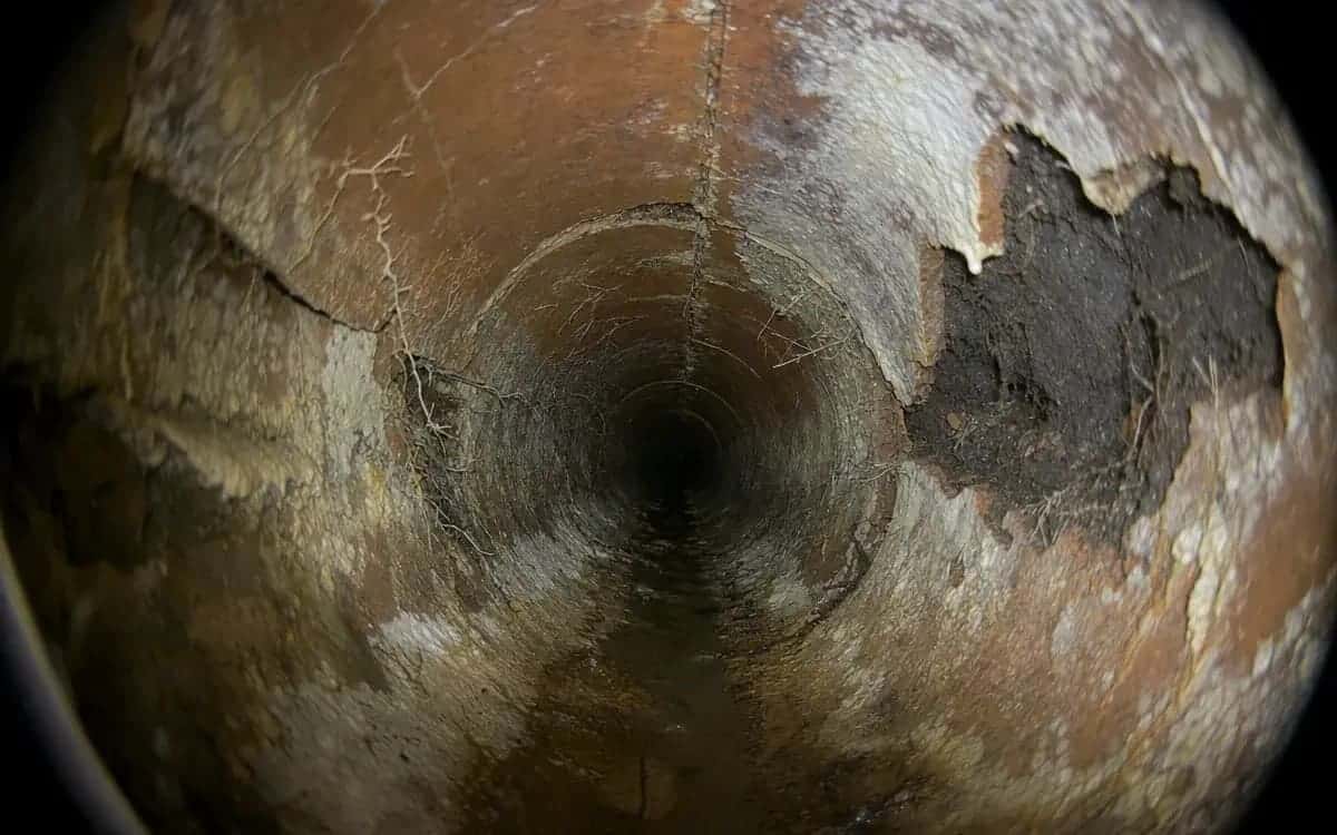 Before: 100-year-old clay sewer lateral with root intrusion, HD camera capture