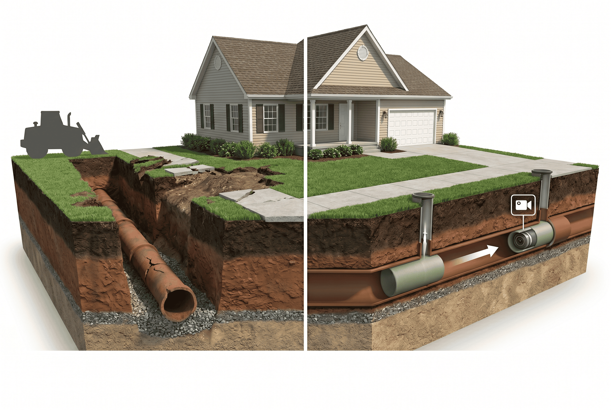 Cross-section illustration comparing traditional trench excavation vs trenchless CIPP pipe lining underneath a residential property