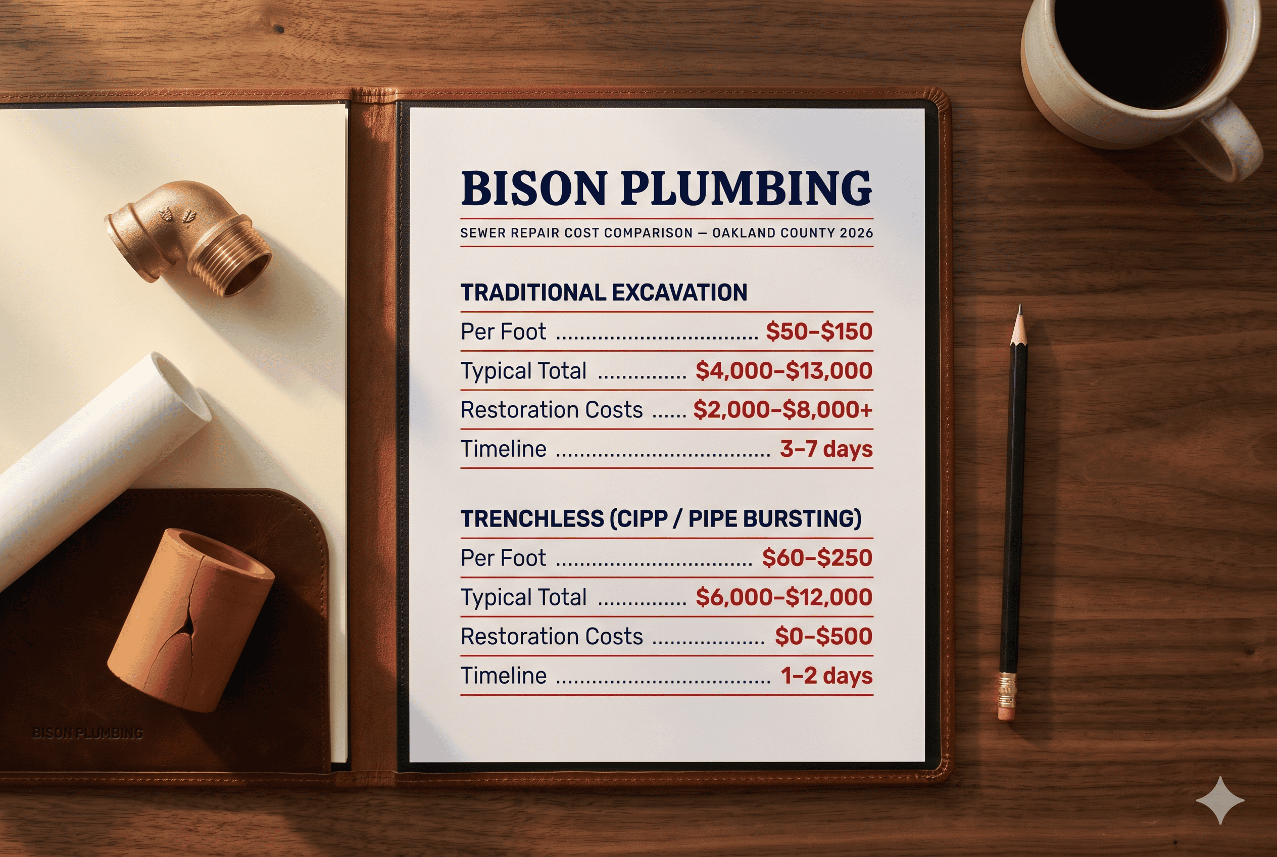 Cost comparison table showing traditional sewer repair at $4,000 to $13,000 vs trenchless at $6,000 to $12,000 in Oakland County Michigan