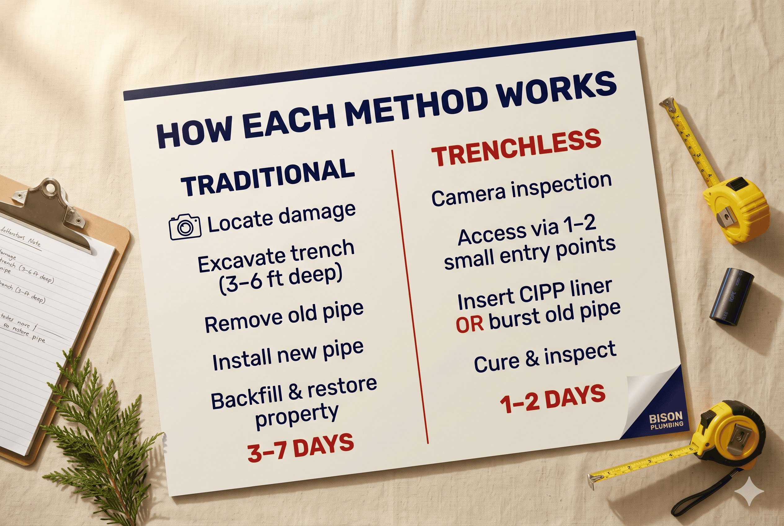 Side-by-side comparison of trenchless and traditional sewer repair methods for Oakland County homes
