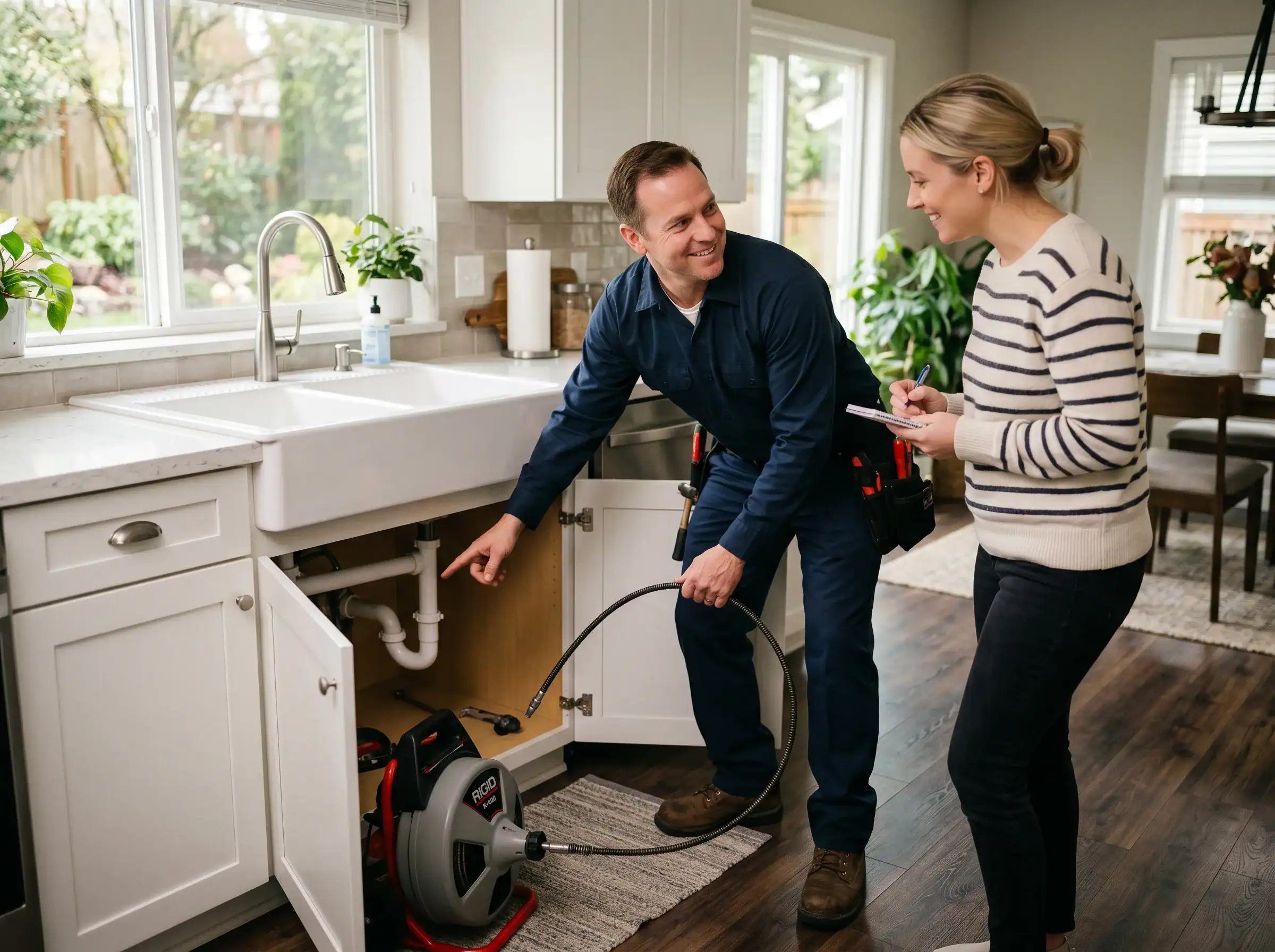 A plumber in a navy uniform points to pipes under a kitchen sink while holding a plumbing snake. A woman in casual clothes takes notes and smiles in a bright, modern kitchen.