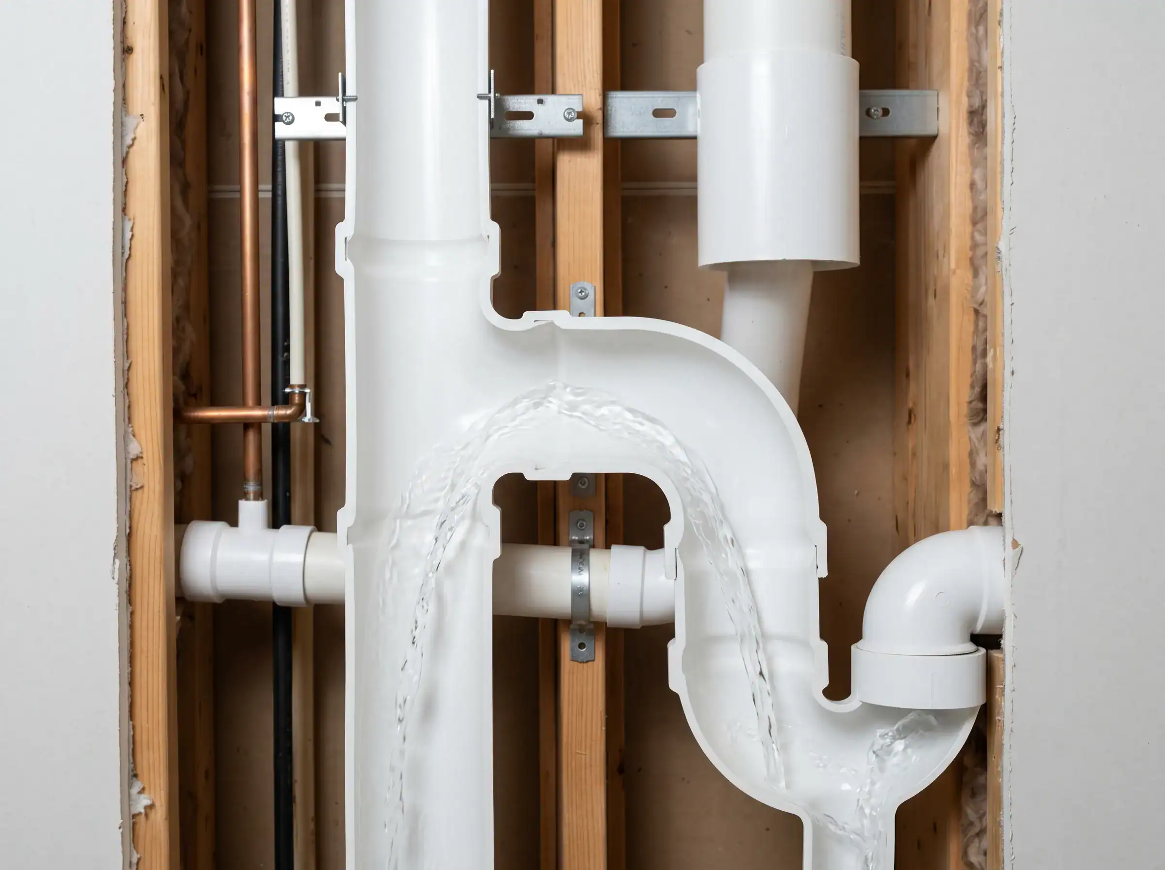 A cross-section of wall plumbing with visible white PVC pipes, showing water flowing through the pipes and wood framing around them.
