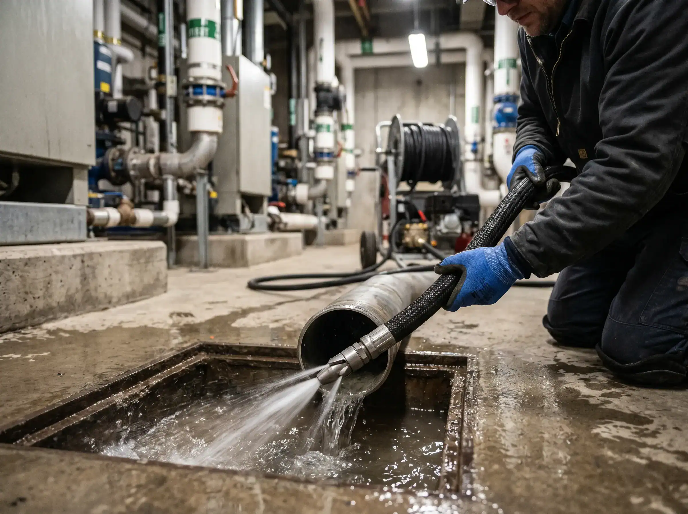 A worker in blue gloves kneels on the floor, using a hose to spray water into an open drain in an industrial facility surrounded by pipes and machinery.