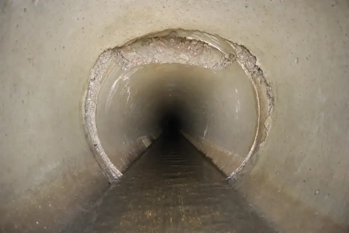 View inside a concrete drainage or sewer pipe, showing a long, cylindrical tunnel with worn, rough edges and dark water running along the bottom, fading into darkness in the distance.