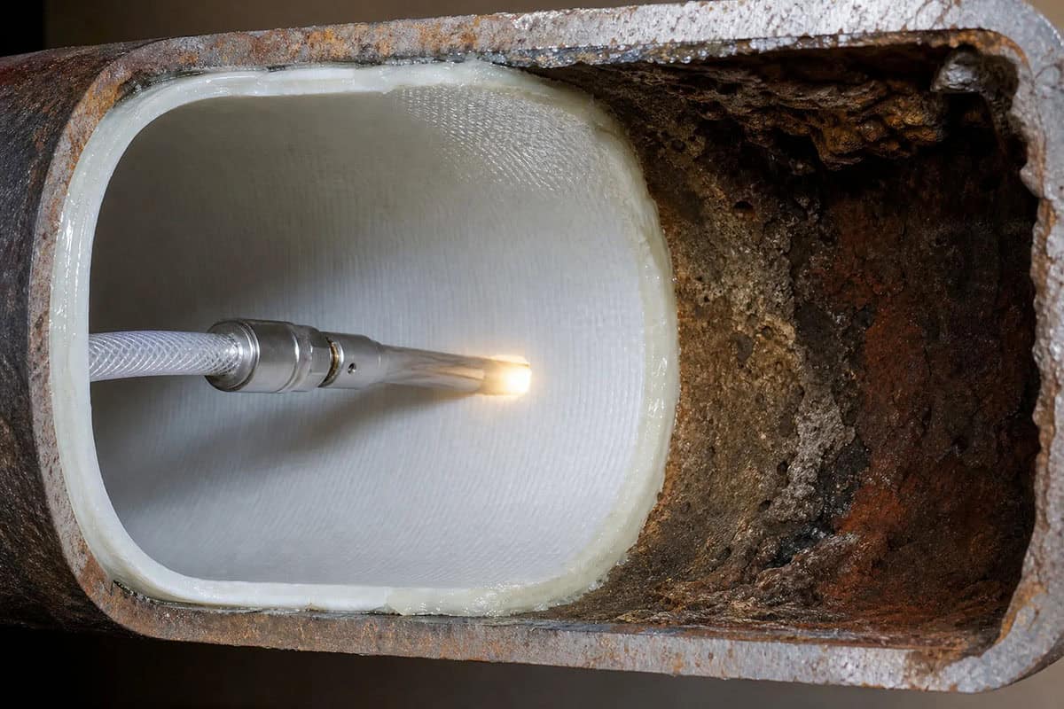 A close-up of a corroded metal pipe with a section lined with a smooth, white material. A hose-like device with a light is inserted into the newly lined inner surface.