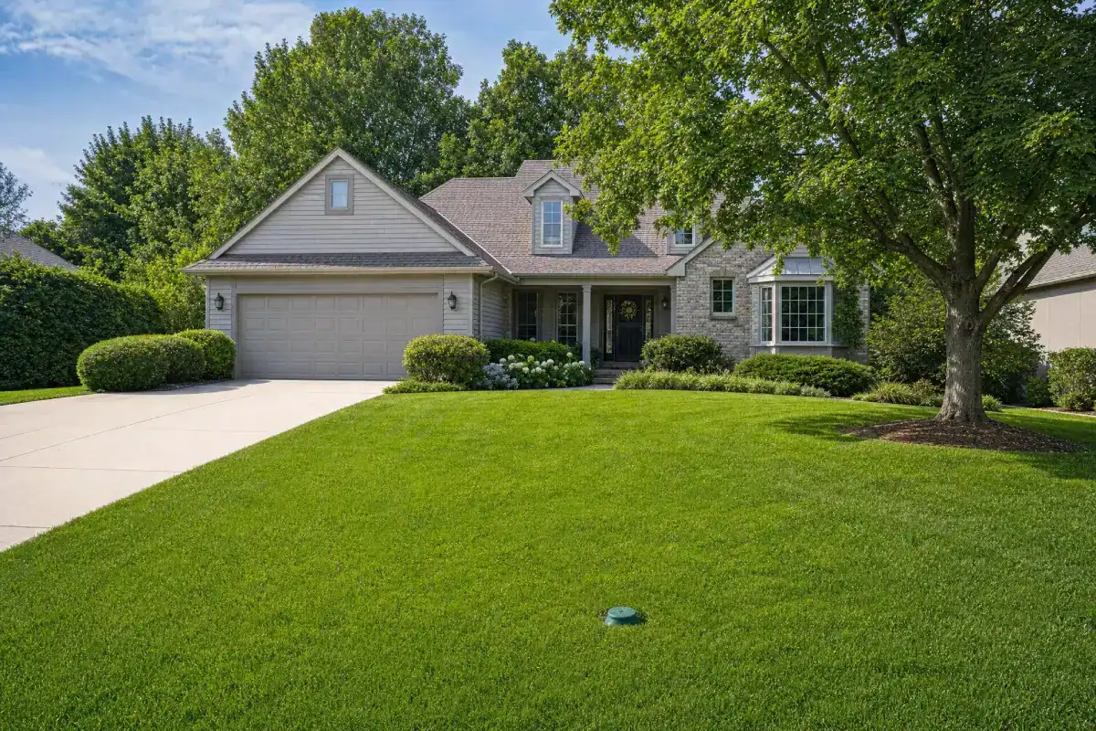 Single-story suburban house with a manicured lawn, shrubs, and large trees. The home has a two-car garage, light-colored siding, stone accents, and a covered front porch. A concrete driveway leads up to the house.