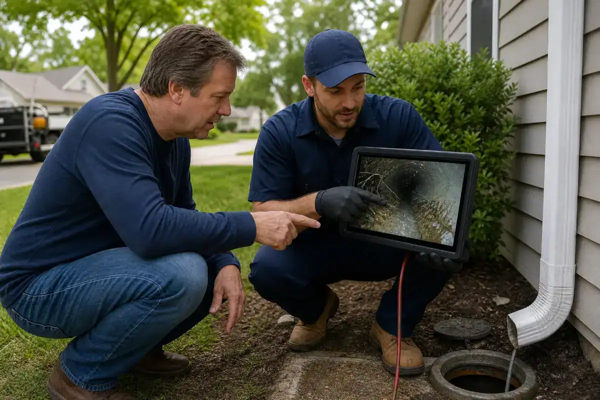 A plumber shows a homeowner a video inspection of a drainpipe on a tablet outside a house. Both are crouched by an open outdoor pipe next to a downspout, discussing the pipes condition.