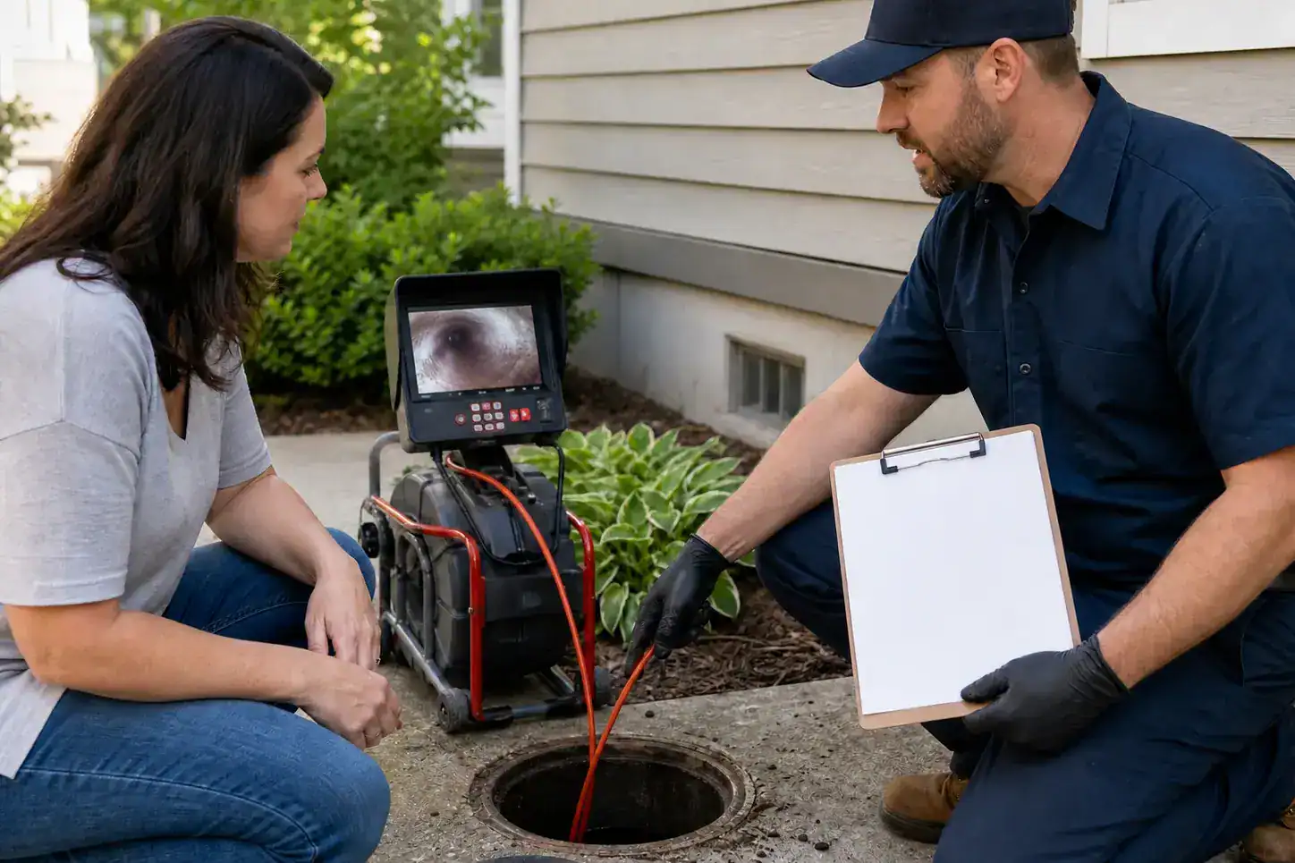 A plumber shows a woman a sewer inspection on a monitor using a camera probe, kneeling by an open drain outside a house, holding a clipboard.