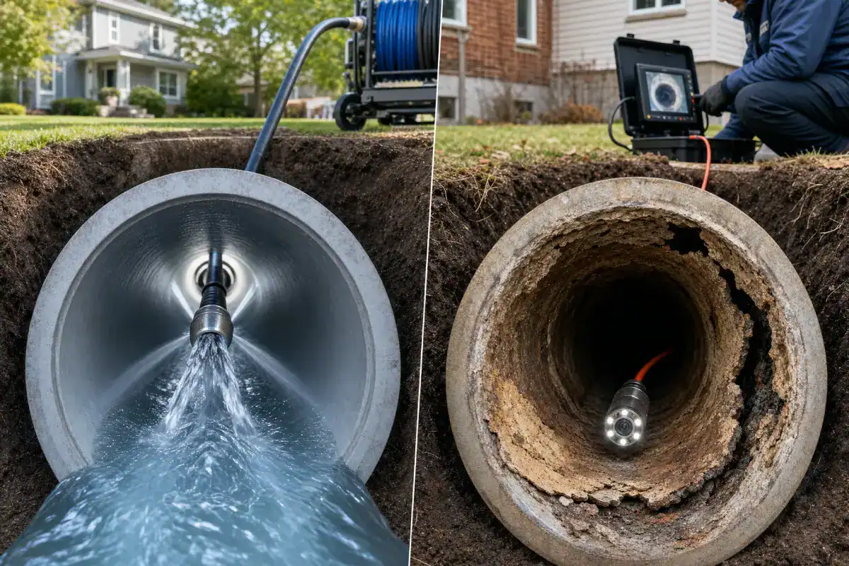 Side-by-side images of sewer pipes: one being cleaned with water jets, the other inspected with a camera showing buildup inside the pipe, with a person monitoring on a screen nearby.