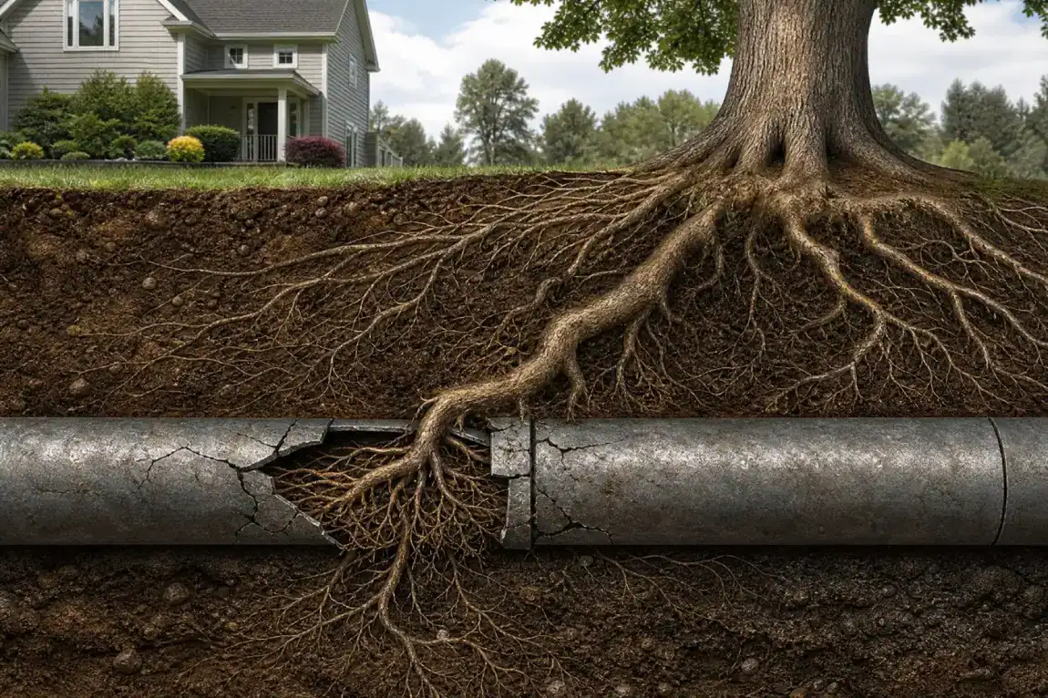 Tree roots underground breaking into a cracked pipe, with a house and yard above, illustrating how roots can damage underground pipes.