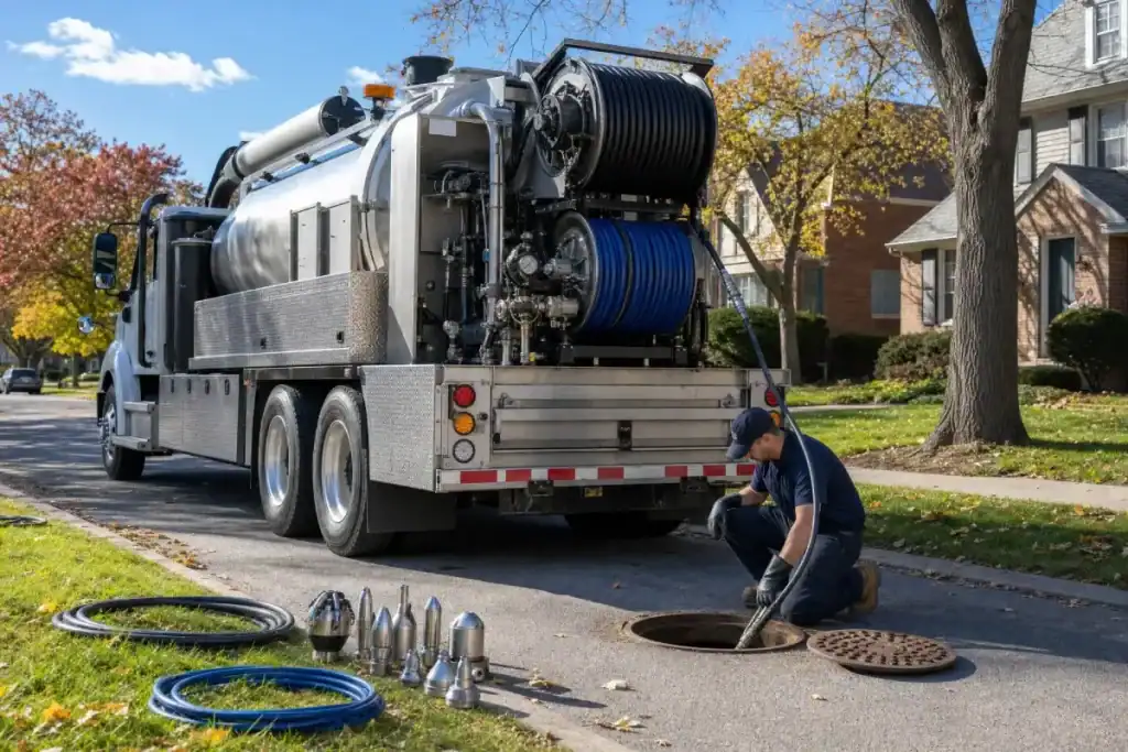 A worker kneels by an open manhole, using equipment from a large vacuum truck parked on a suburban street, with hoses and tools arranged nearby on the ground.