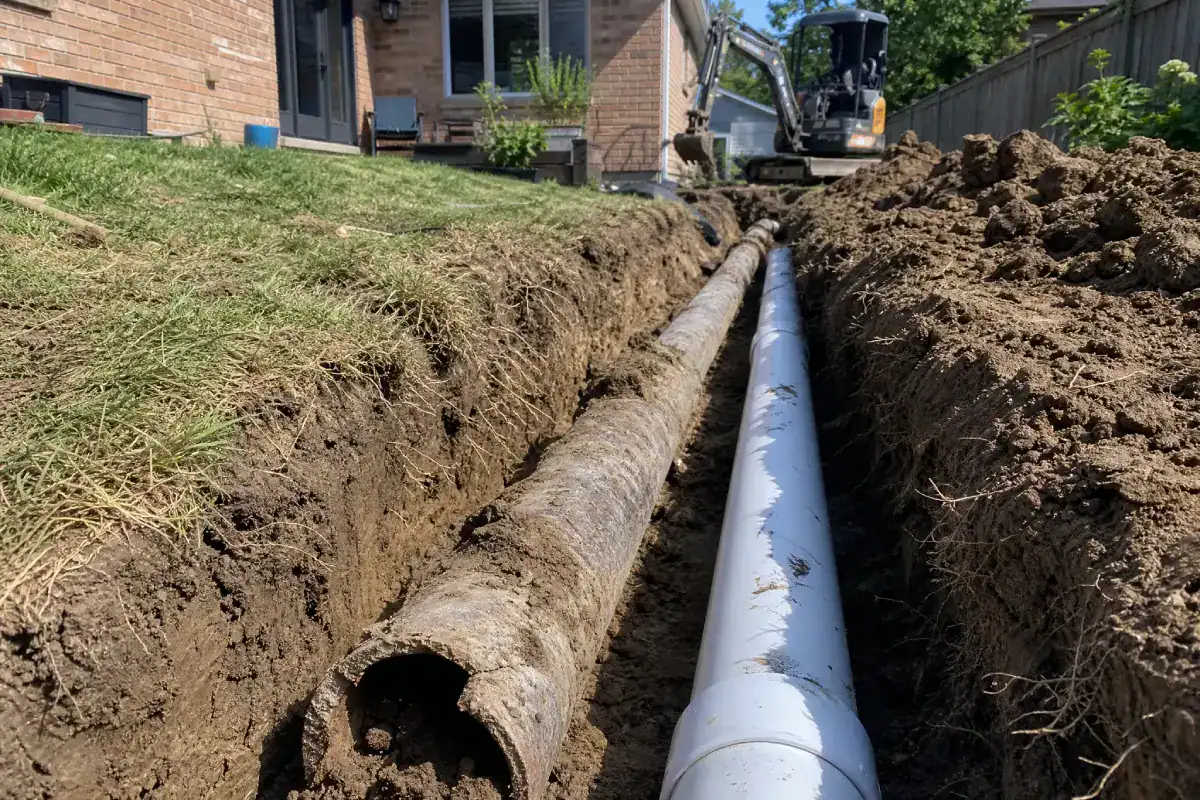 A close-up of two large pipes in a dirt trench beside a house, one old and rusted, the other new and white, with construction equipment and soil surrounding the area.