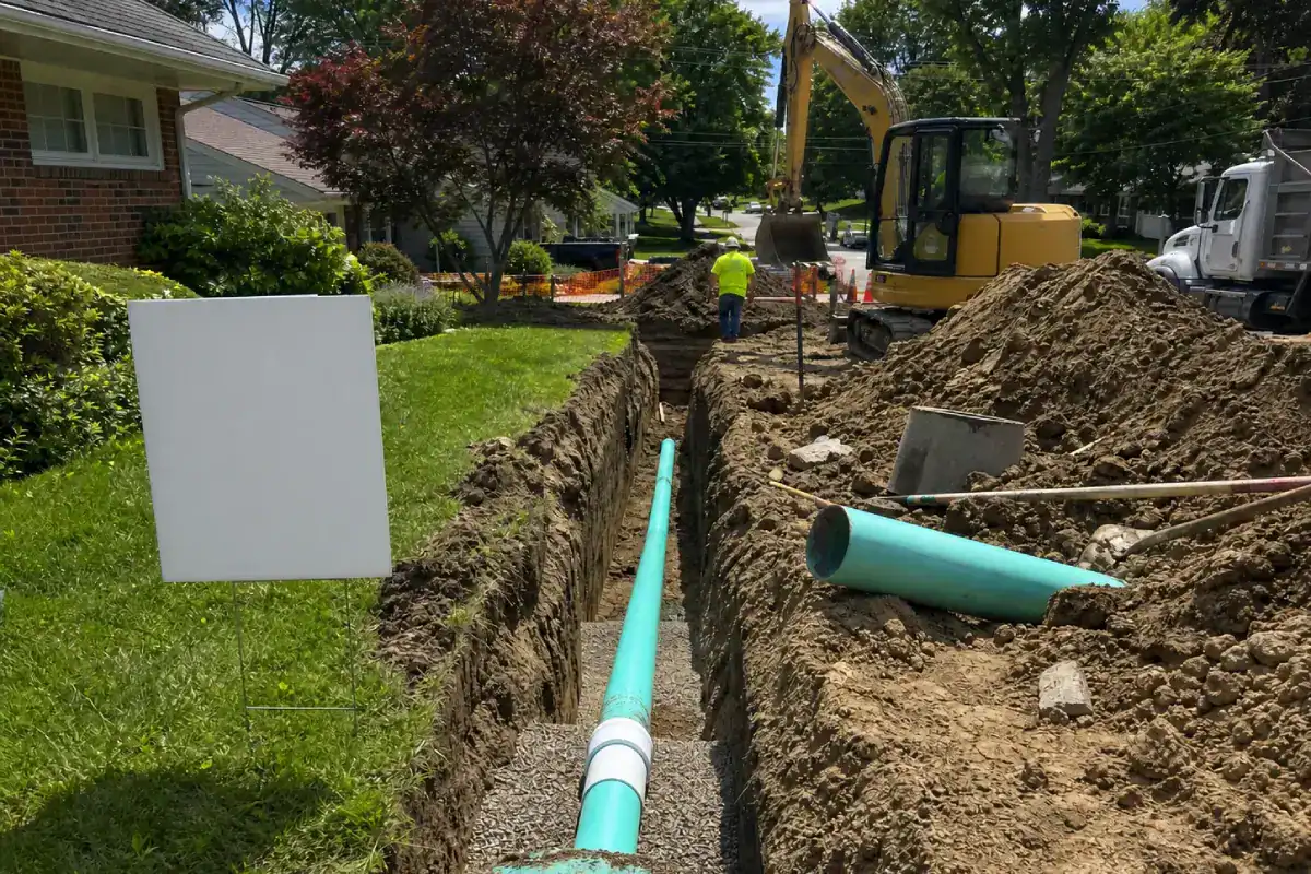 A construction crew installs green PVC pipes in a trench along a residential street. An excavator and piles of dirt are nearby, with houses, grass, and trees in the background. A blank white sign stands on the left.