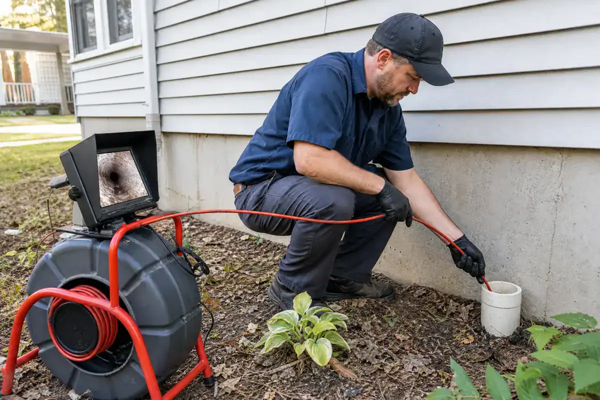A worker uses a sewer inspection camera to check a drain pipe outside a house, wearing gloves and a cap, with equipment beside him.