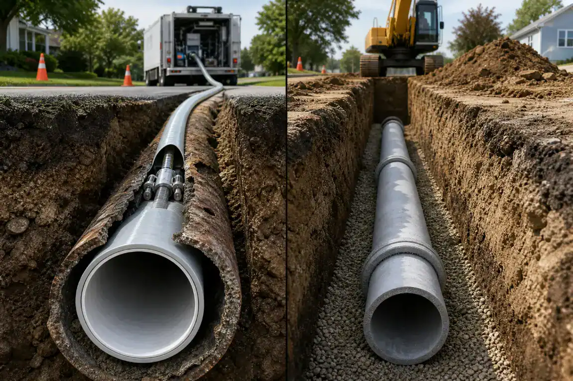 Split image: Left side shows a new pipe being inserted into an old pipe underground; right side shows the new pipe fully installed in a trench with gravel, construction machinery in the background.