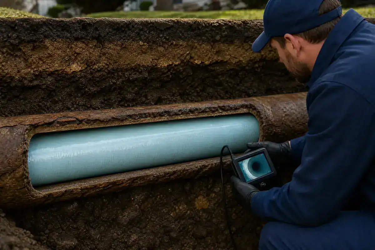 A worker in blue uniform inspects a large underground pipe with a camera. The pipe is partially exposed, showing a new inner lining being installed. Soil and grass are visible around the excavation site.