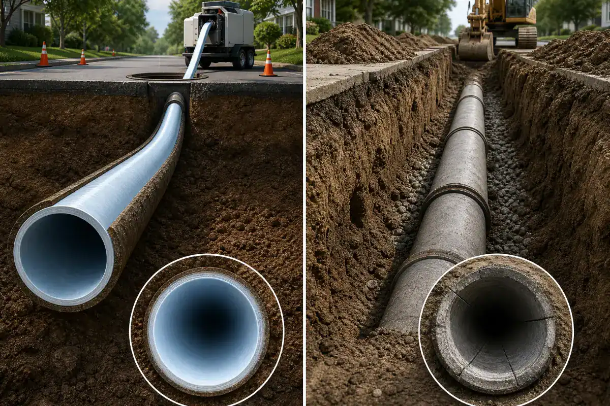 Side-by-side images show underground pipe installation: left, a machine pushes a new pipe through soil; right, a newly installed pipe lies in a trench, surrounded by gravel and dirt, with close-up insets of each pipes interior.