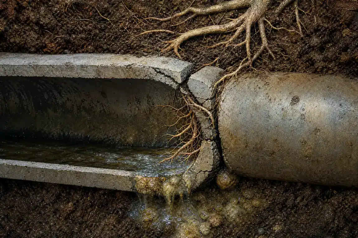 A broken concrete pipe underground with tree roots growing through the crack, causing wastewater to leak into the surrounding soil.