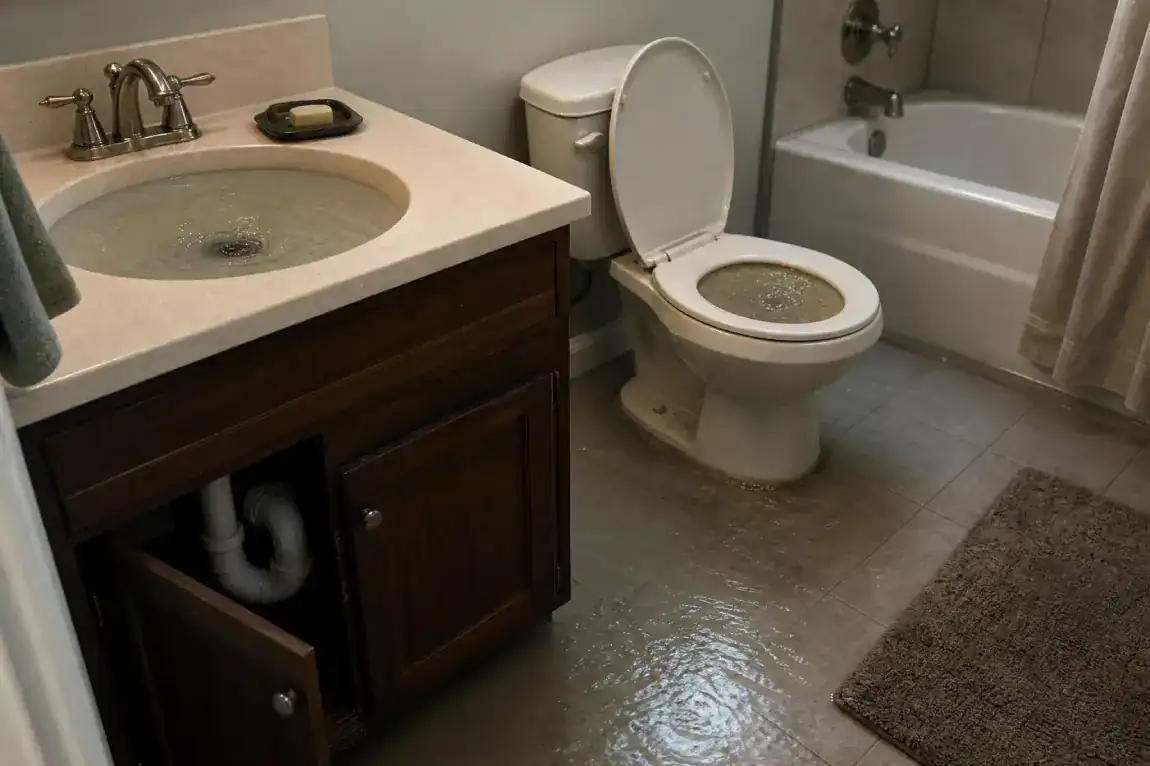 A bathroom with a flooded floor; water overflows from the sink and toilet, while the cabinet under the sink is open. The bathtub is visible in the background.