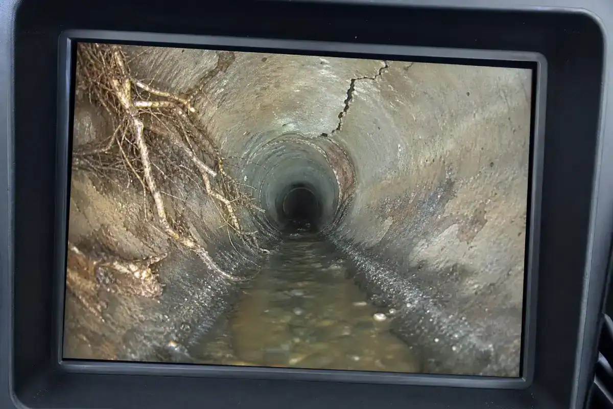 A screen displays a video feed of the inside of a cracked, round sewer pipe with water and tree roots visible along the left side.