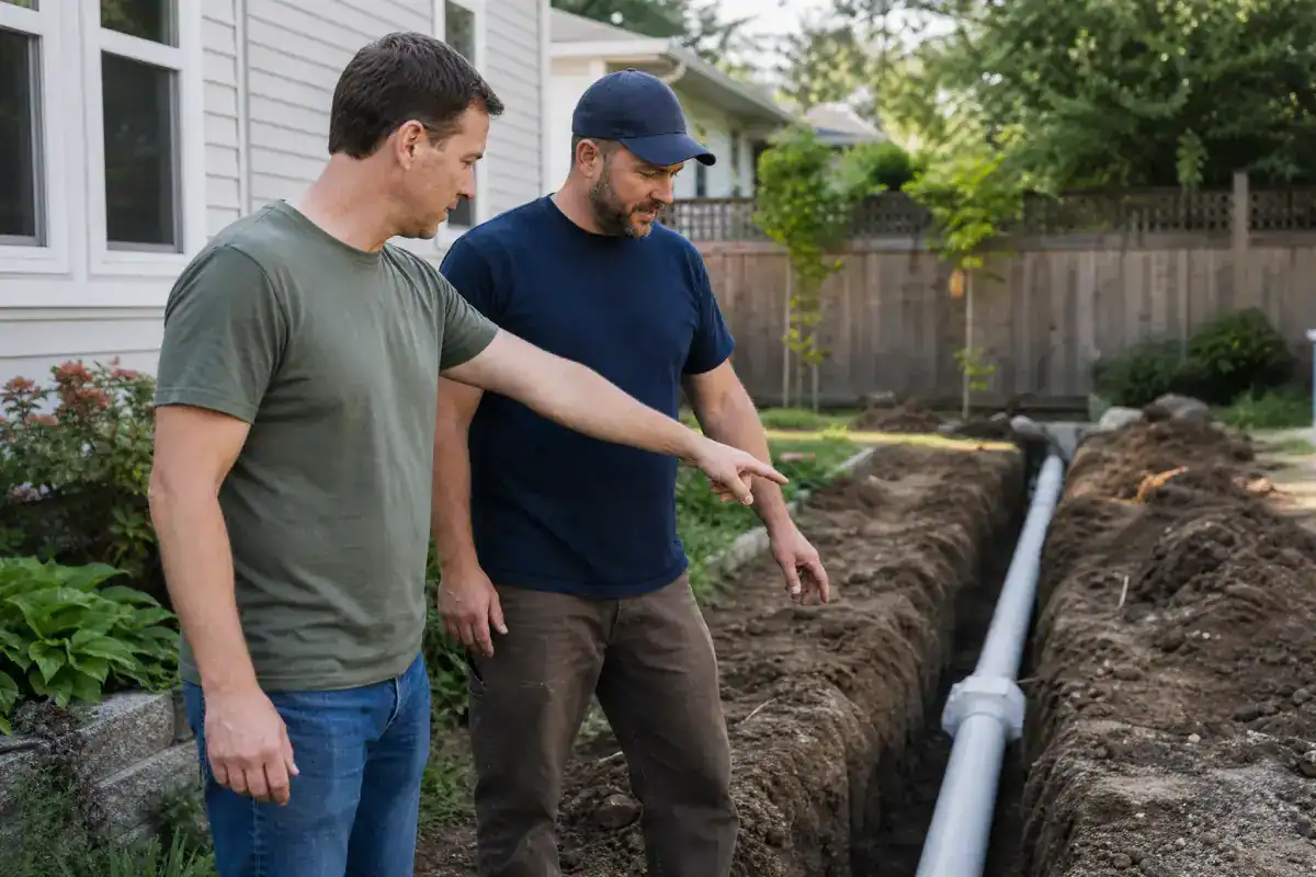 Two men stand next to a trench in a yard, examining a large gray pipe being installed underground near a house. One man is pointing toward the pipe, and both appear to be discussing the project.