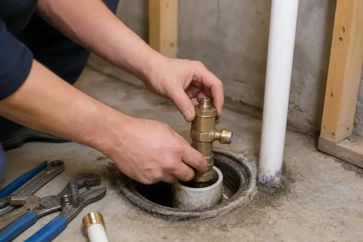 A person installs a brass valve into a pipe opening in a concrete floor, with plumbing tools lying nearby.