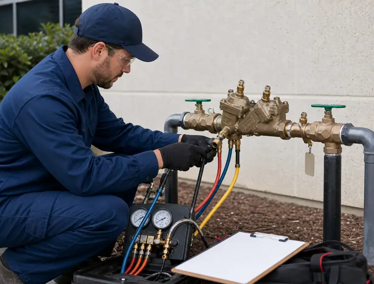 A technician in blue coveralls and gloves tests a brass valve system outdoors using gauges and colored hoses, with a clipboard and tools nearby.