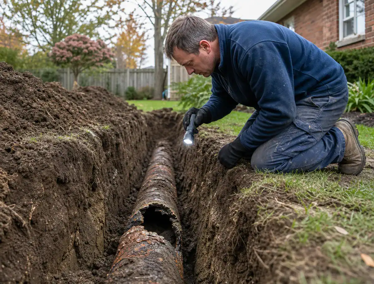 A person kneels outside by a deep trench, inspecting a rusty, exposed pipe with a flashlight beside a brick house. Trees and grass are visible in the background.