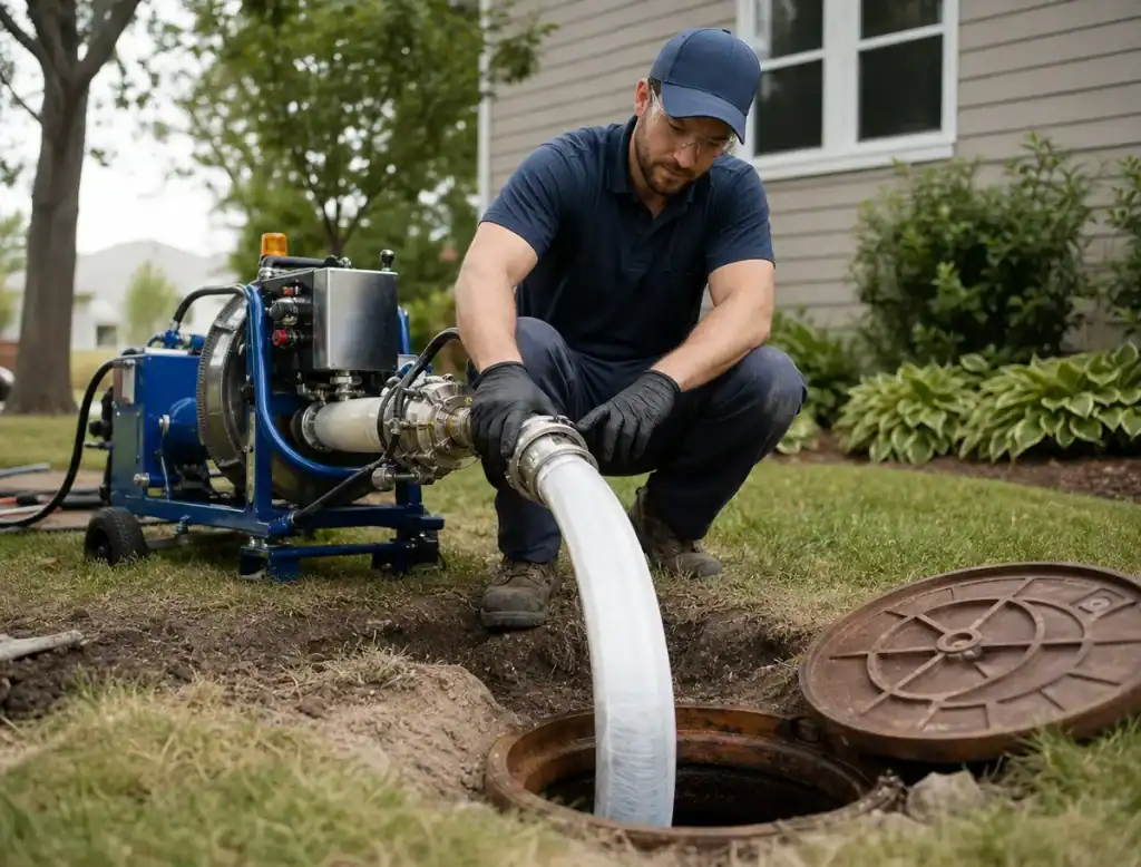 A worker in gloves and a blue cap uses a large hose and machine to clean or pump out a residential sewer or septic tank outdoors near a house.