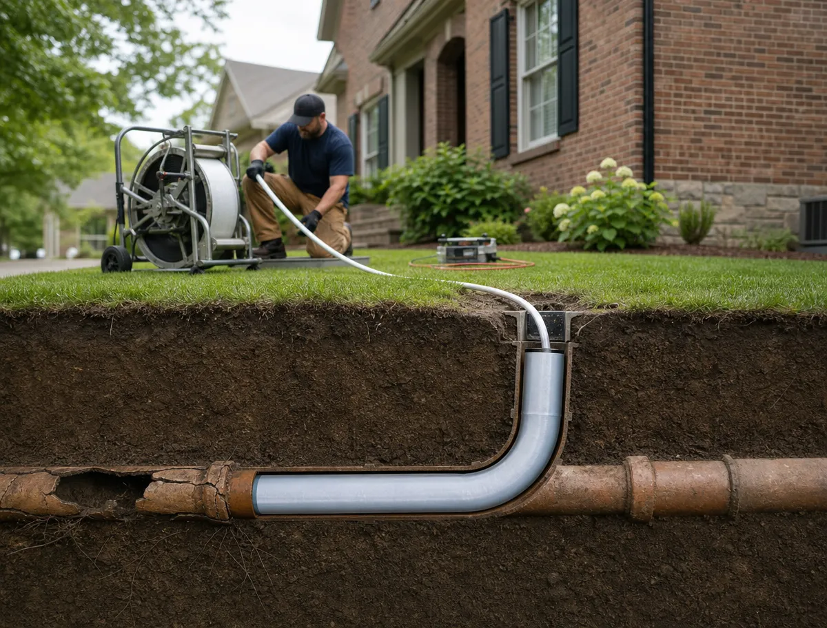 A worker uses equipment to insert a new pipe liner into a damaged underground pipe in front of a brick house, showing a cross-section of the yard and repair process.