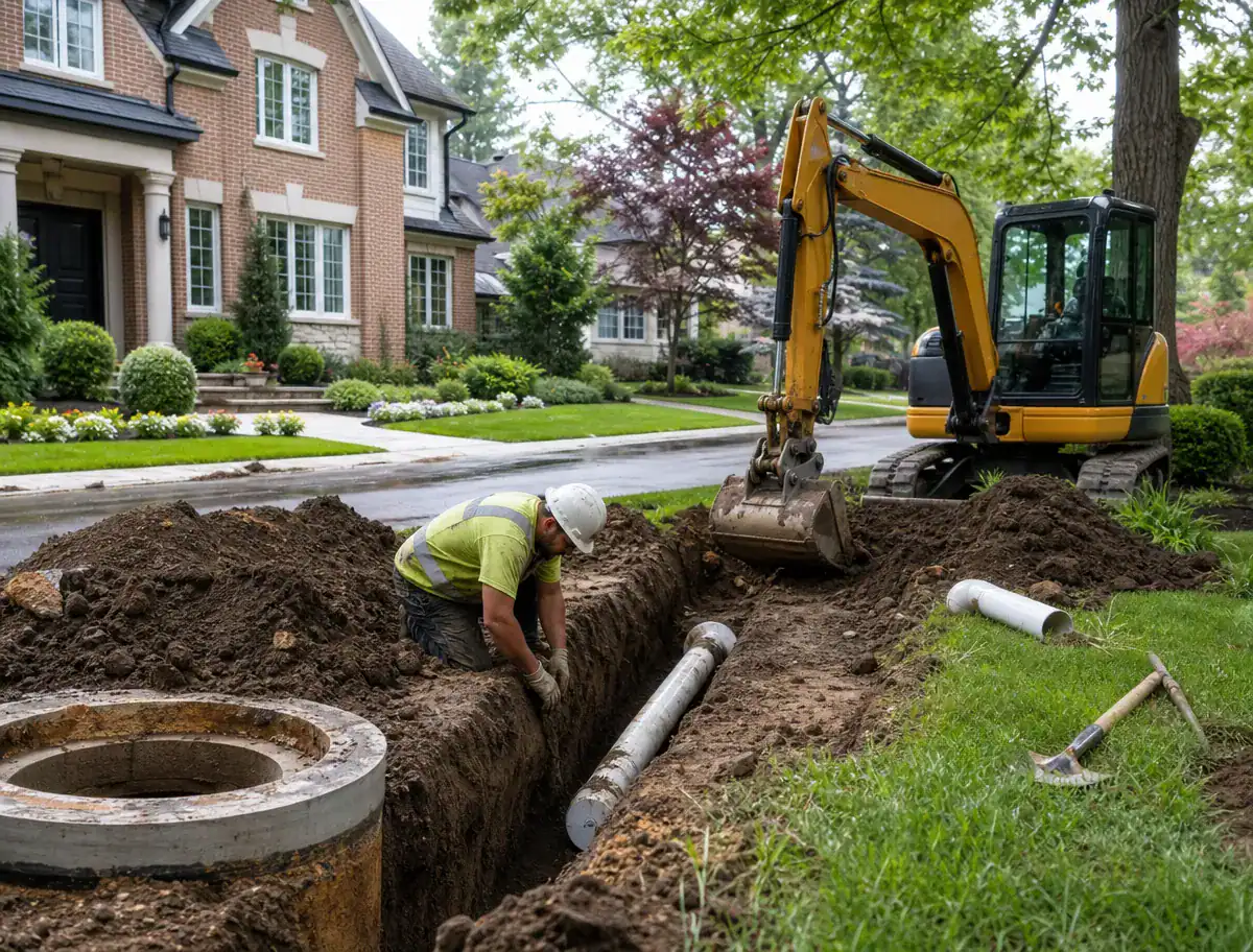 A worker in a safety vest and helmet installs pipes in a trench near a residential street, with a small excavator and tools beside him and a large brick house in the background.